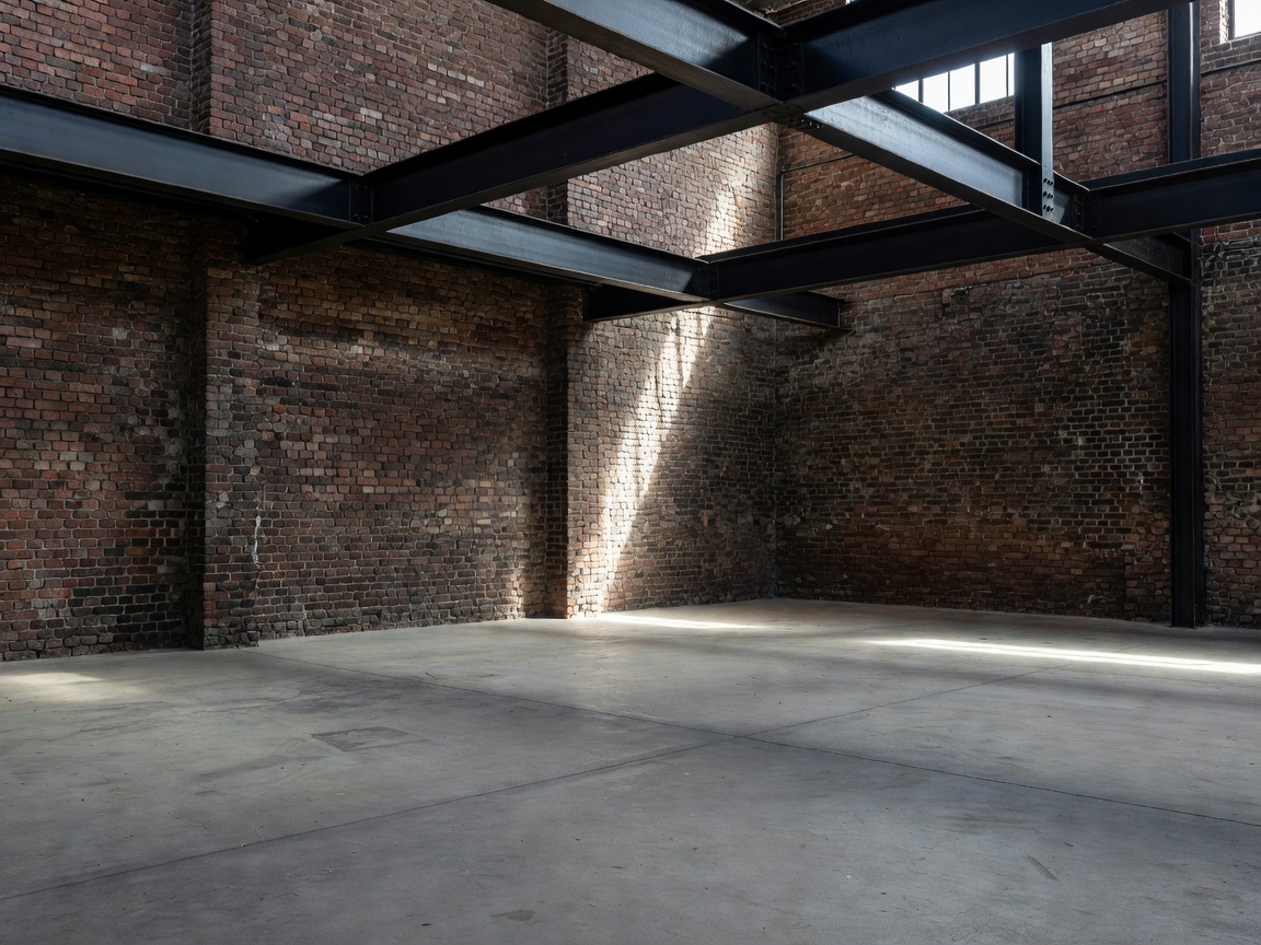 Converted industrial warehouse in Berlin Wedding with exposed clinker brick, black steel mezzanine, and concrete flooring