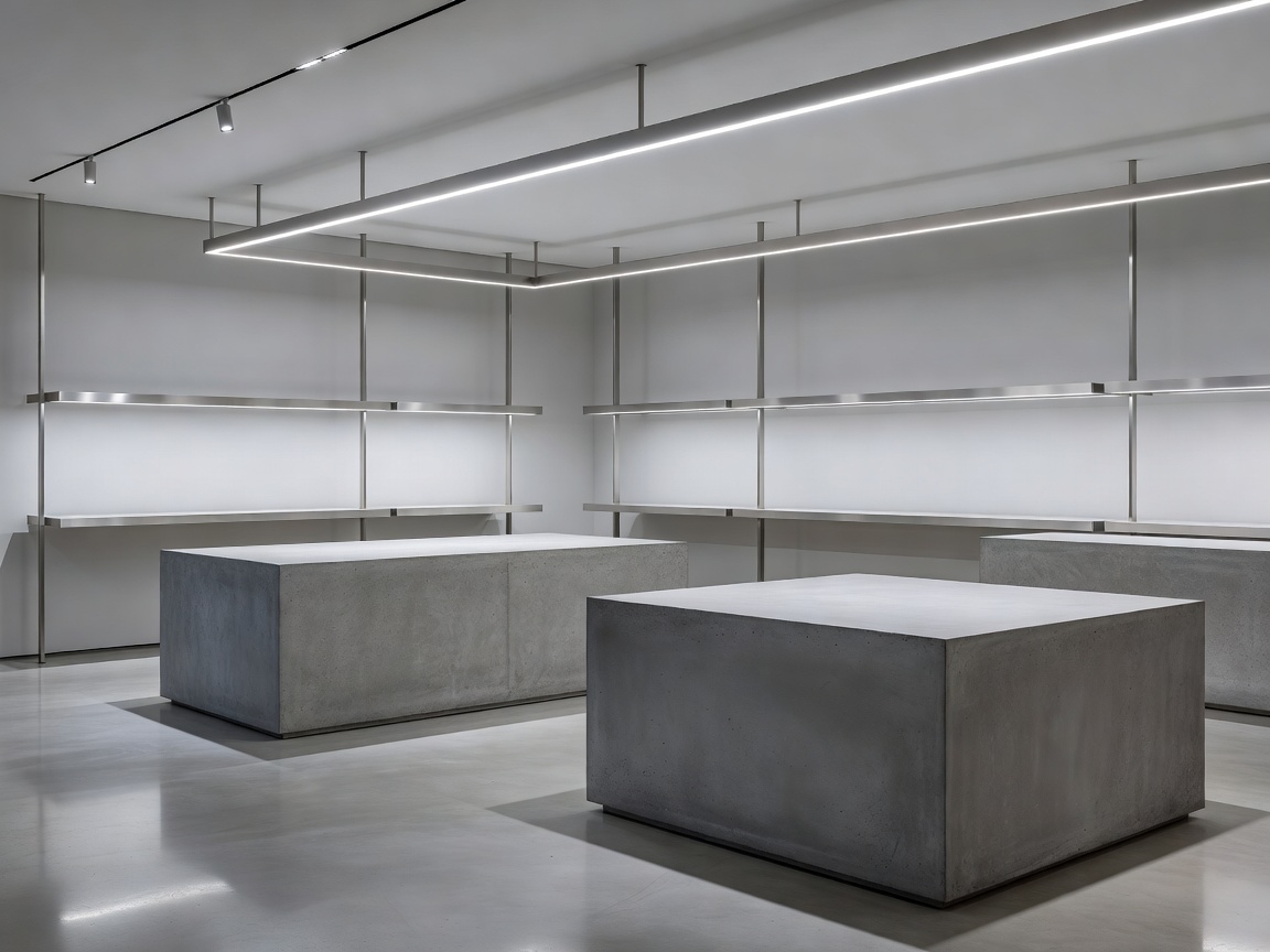 High-end minimalist retail showroom featuring concrete plinths, aluminium display rails, and linear LED tracks