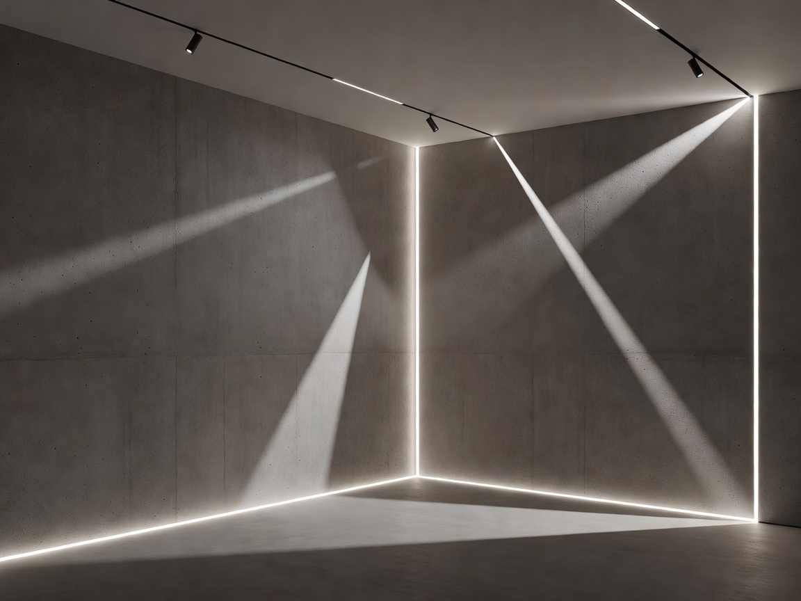 Minimalist architectural lighting scheme with grazing LED channels on textured concrete walls and sharp linear track lights