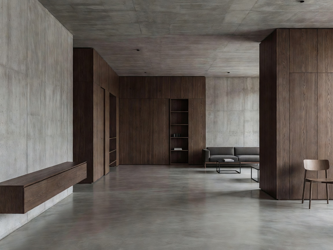 Minimalist Berlin modern apartment interior with exposed concrete walls and floor-to-ceiling smoked oak joinery