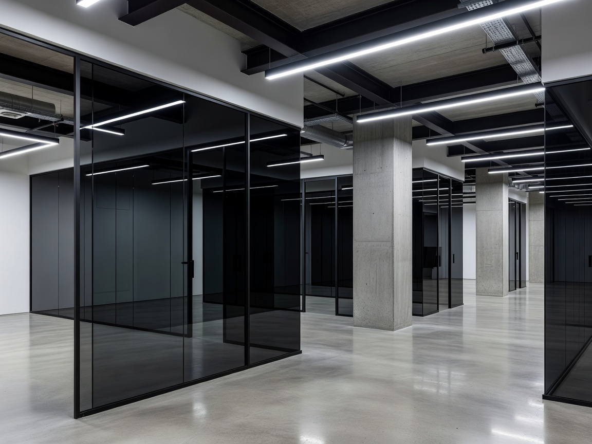 Technical interior of modern corporate office with black glass partitions, concrete pillars, and linear LED lighting